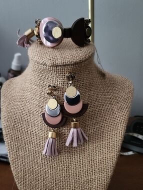 J. Crew Pink Tassel Drop Earrings & Cuff - Gold & Dark Brown Accent